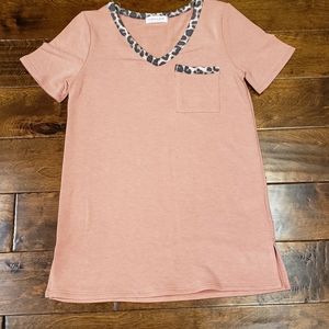 NWOT First Love V Neck Top Size S Leopard Trim
